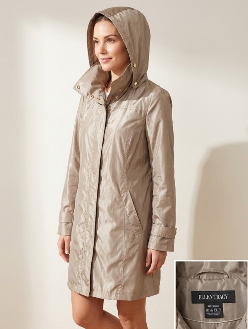 Ellen Tracy Metallic Champagne Hooded Rain Trench Coat - Small